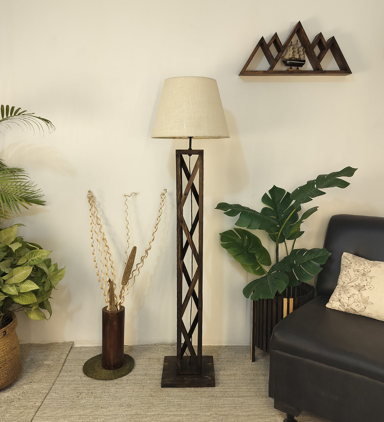 Symmetric Wooden Floor Lamp with Premium Beige Fabric Lampshade (BULB NOT INCLUDED)