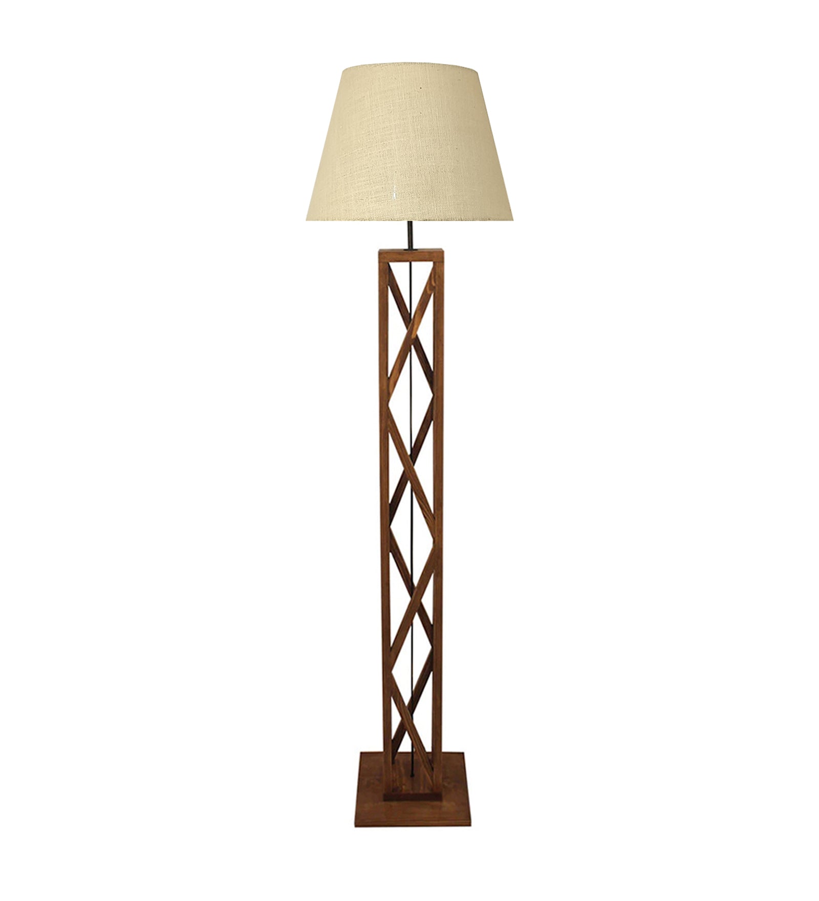 Symmetric Wooden Floor Lamp with Premium Beige Fabric Lampshade (BULB NOT INCLUDED)