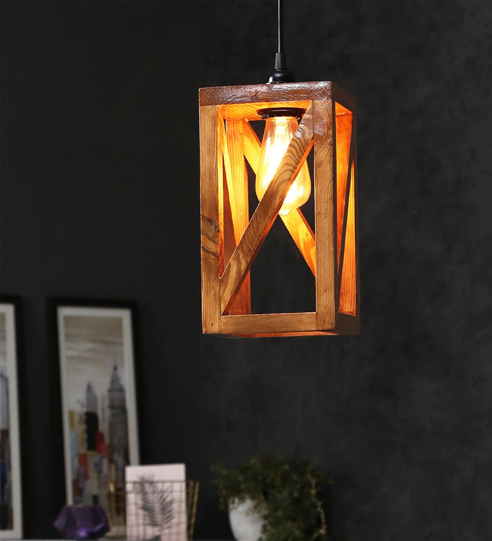 Symmetric Brown Wooden Single Hanging Lamp (BULB NOT INCLUDED)