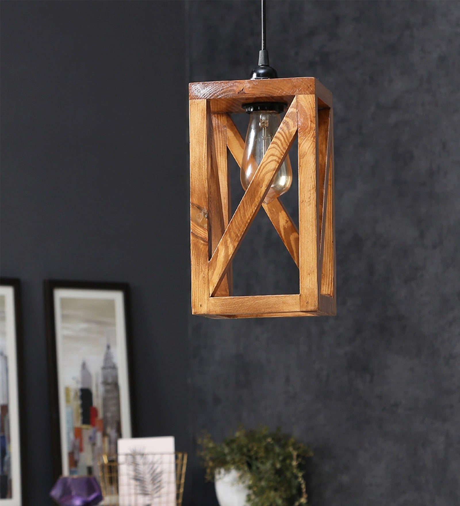 Symmetric Brown Wooden Single Hanging Lamp (BULB NOT INCLUDED)