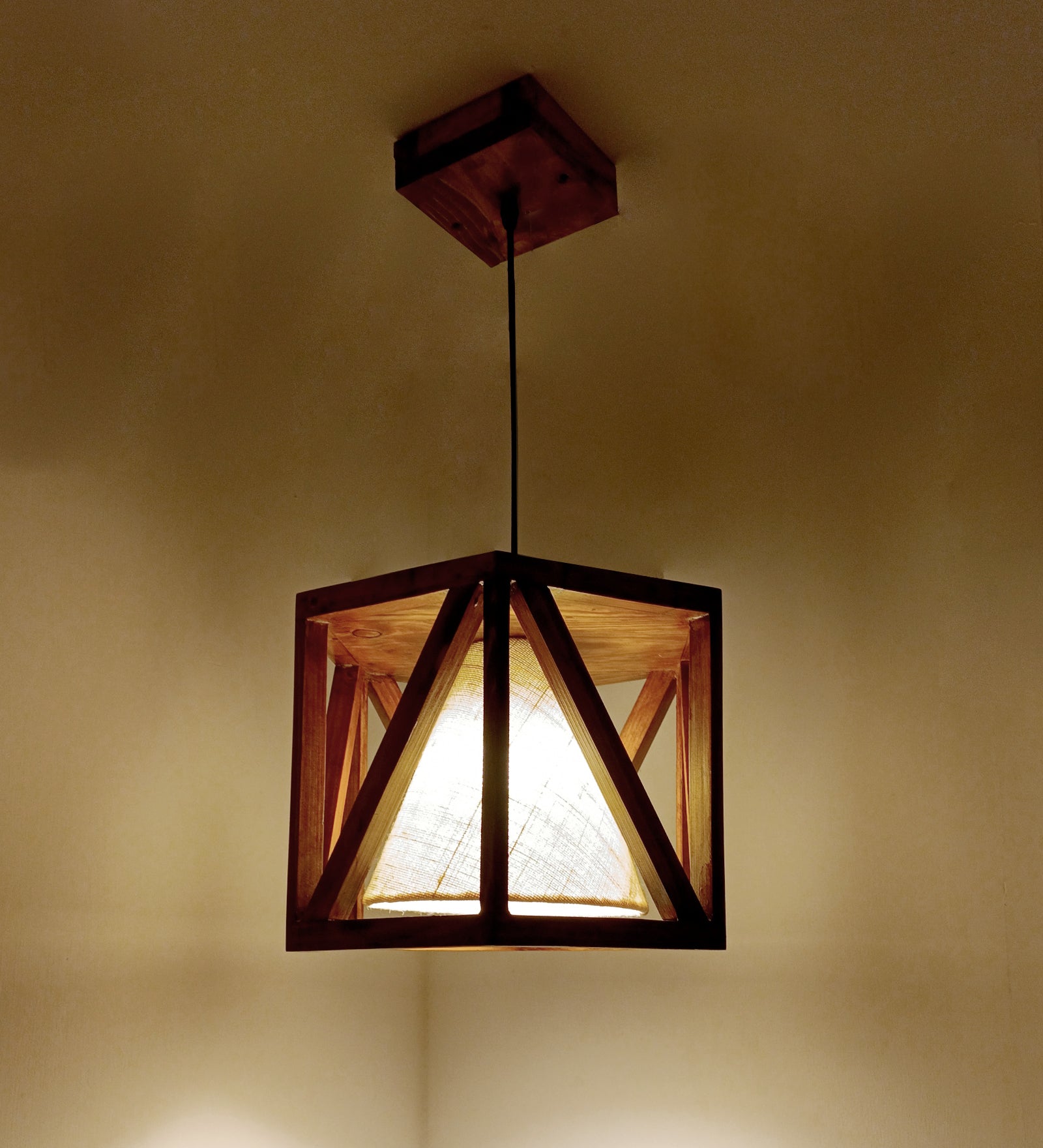 Symmetric Hexa Brown Wooden Single Hanging Lamp (BULB NOT INCLUDED)