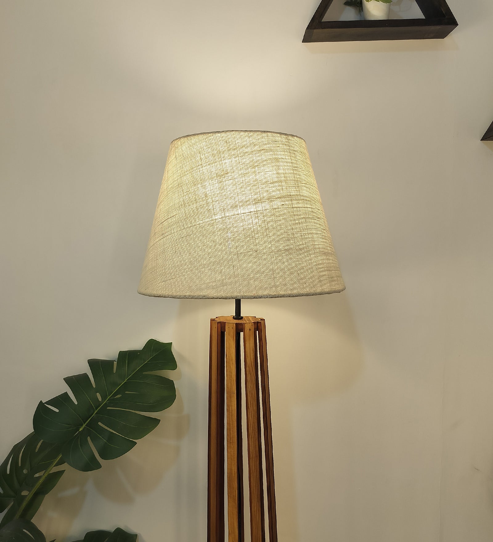 Tall Boy Wooden Floor Lamp With Yellow Printed Fabric Lampshade (BULB NOT INCLUDED)