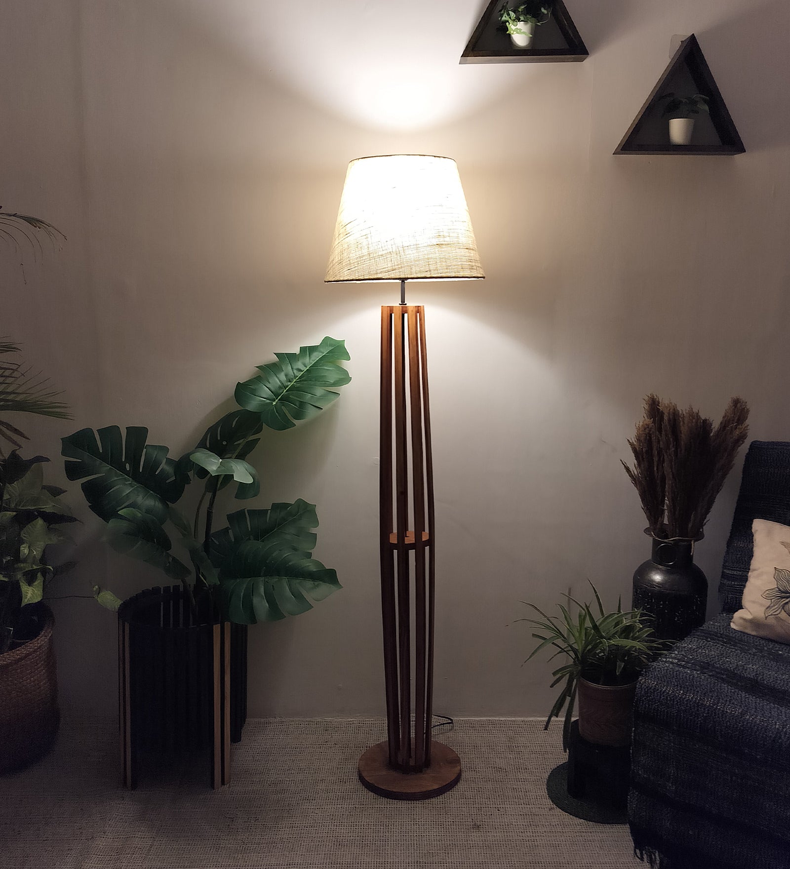 Tall Boy Wooden Floor Lamp With Yellow Printed Fabric Lampshade (BULB NOT INCLUDED)