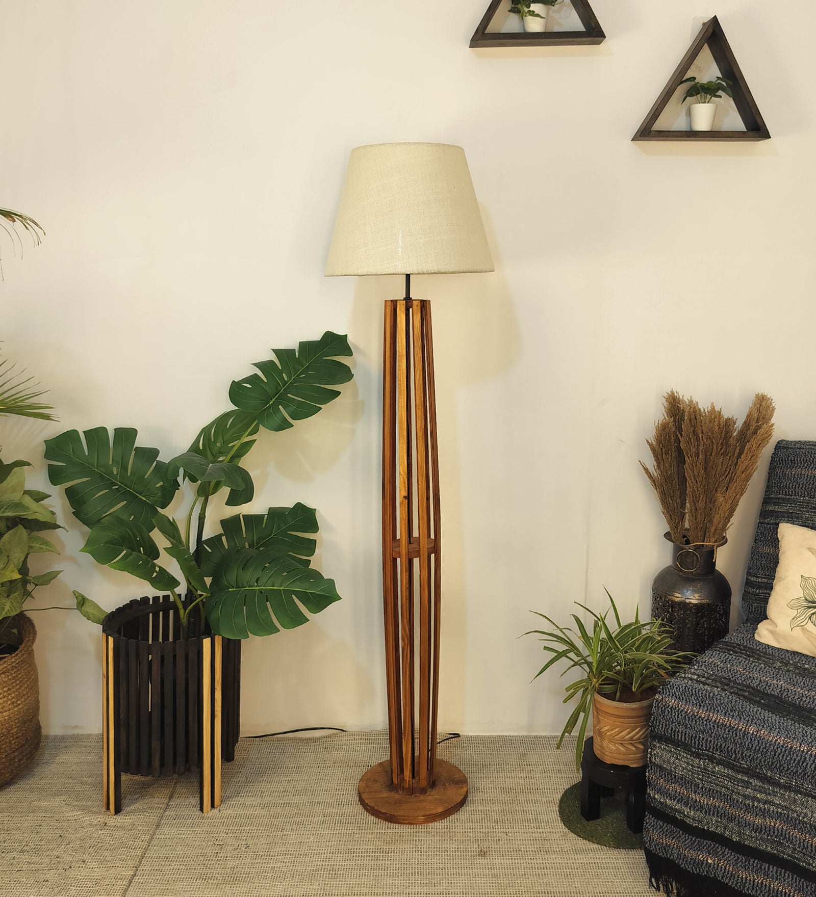 Tall Boy Wooden Floor Lamp With Yellow Printed Fabric Lampshade (BULB NOT INCLUDED)