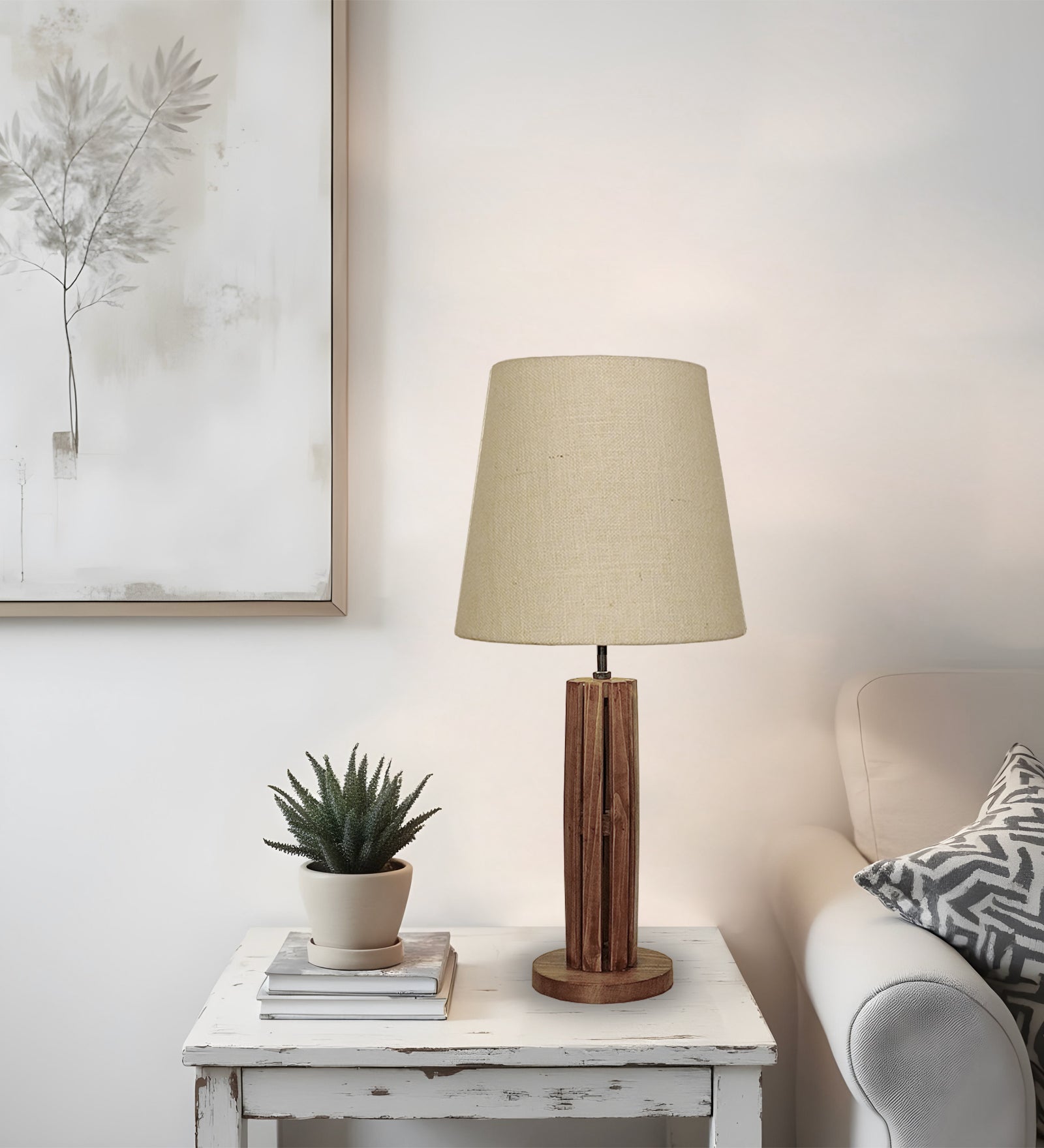 TallBoy Wooden Table Lamp with Brown Base and Premium White Fabric Lampshade (BULB NOT INCLUDED)