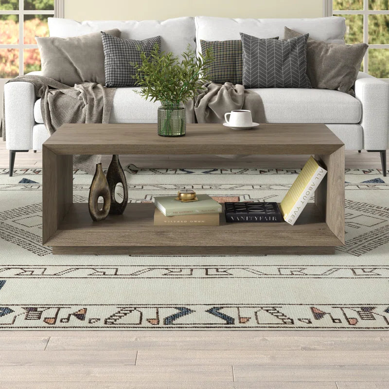 Modern Rectangular Coffee Table| Wood-Grain Finish Center Table with Plinth Base