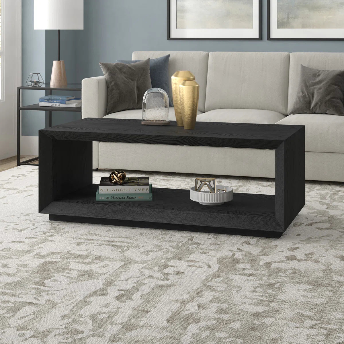 Modern Rectangular Coffee Table| Wood-Grain Finish Center Table with Plinth Base