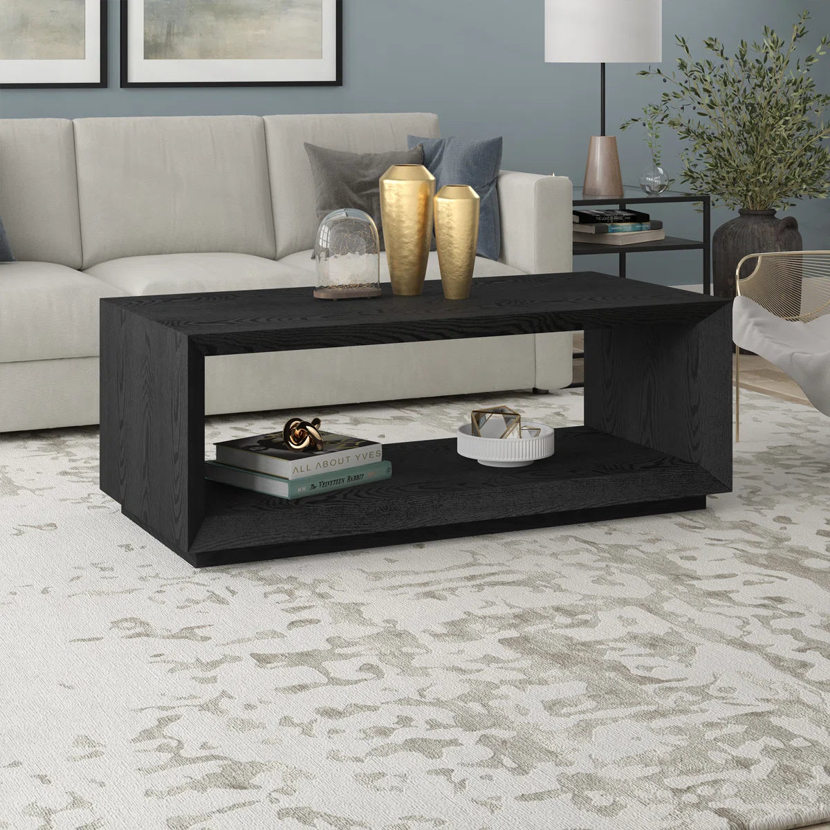 Modern Rectangular Coffee Table| Wood-Grain Finish Center Table with Plinth Base
