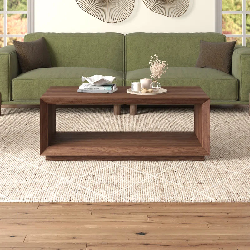 Modern Rectangular Coffee Table| Wood-Grain Finish Center Table with Plinth Base