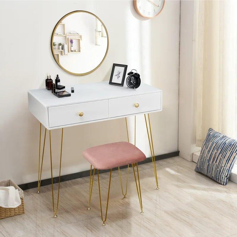 Bumble Vanity Desk with 2 Drawers, White Computer Desk with Gold Leg, Makeup Desssing Table for Bedroom (White) - Ouch Cart 