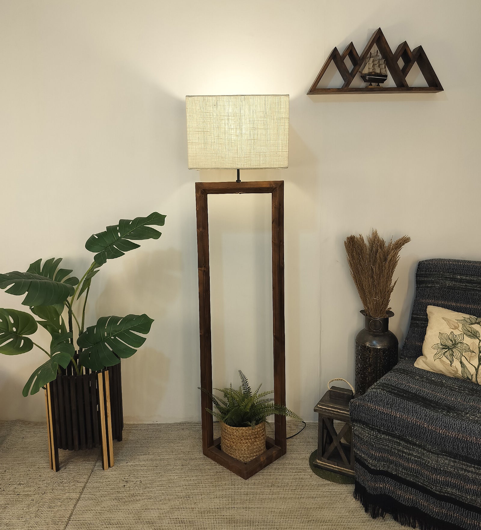 Tesseract Wooden Floor Lamp with Brown Base Beige Fabric Lampshade (BULB NOT INCLUDED)