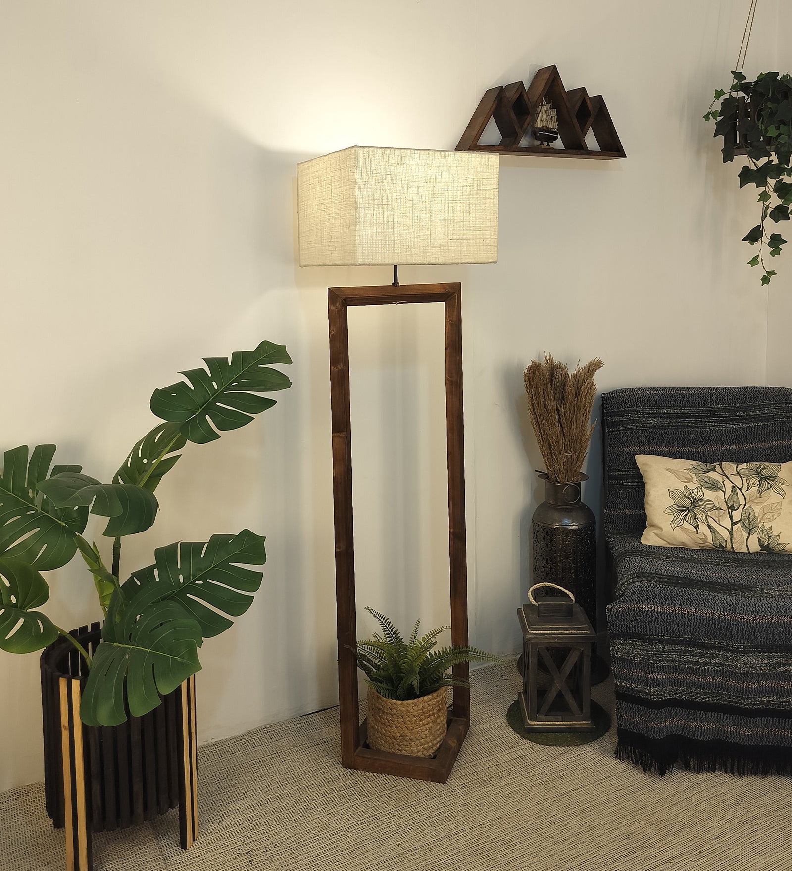 Tesseract Wooden Floor Lamp with Brown Base Beige Fabric Lampshade (BULB NOT INCLUDED)