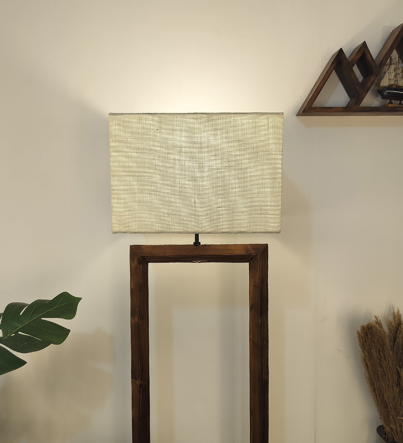 Tesseract Wooden Floor Lamp with Brown Base Beige Fabric Lampshade (BULB NOT INCLUDED)