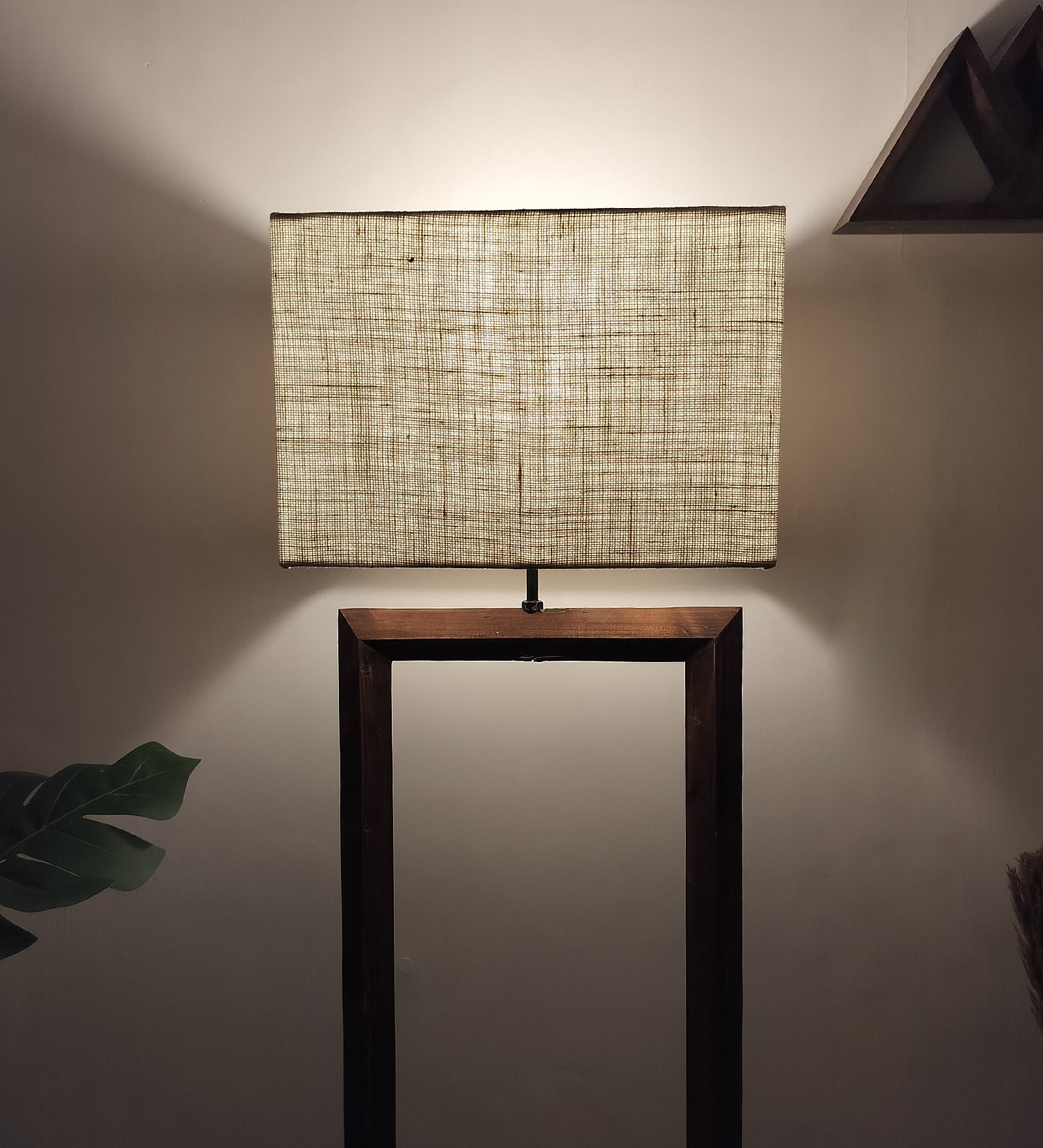 Tesseract Wooden Floor Lamp with Brown Base Beige Fabric Lampshade (BULB NOT INCLUDED)