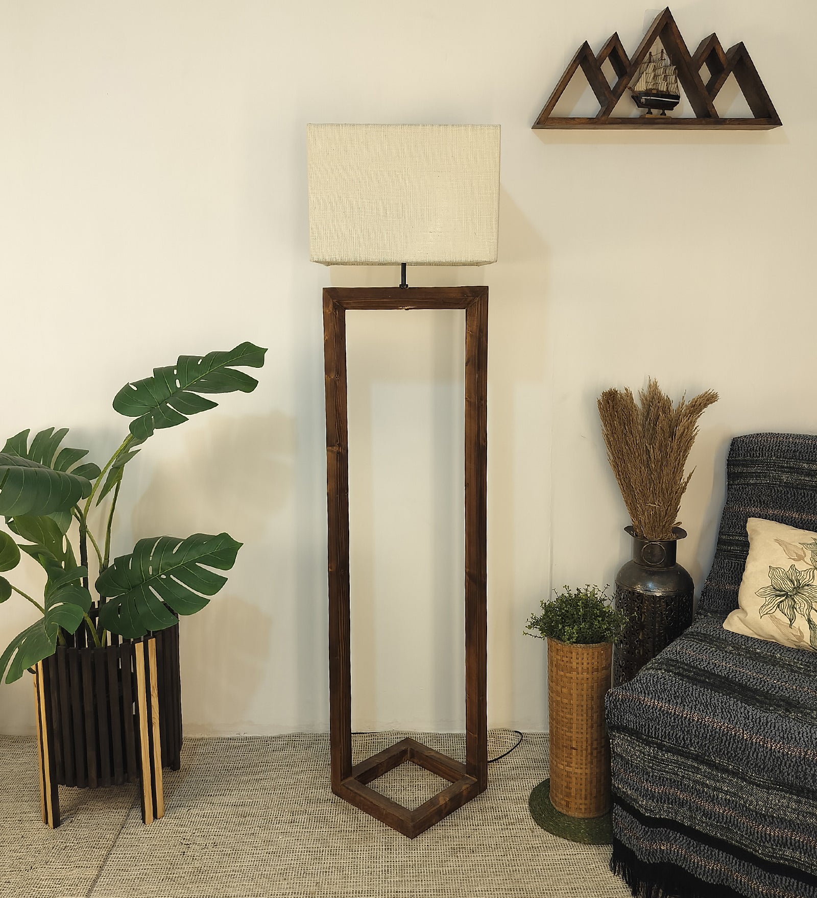 Tesseract Wooden Floor Lamp with Brown Base Beige Fabric Lampshade (BULB NOT INCLUDED)