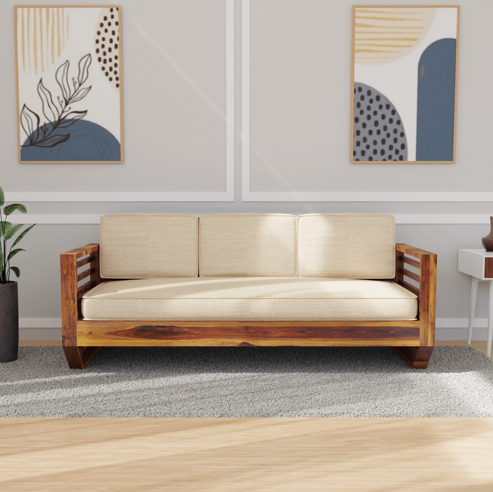 Plushify Sheesham Wood Sofa In Light Honey - Ouch Cart 