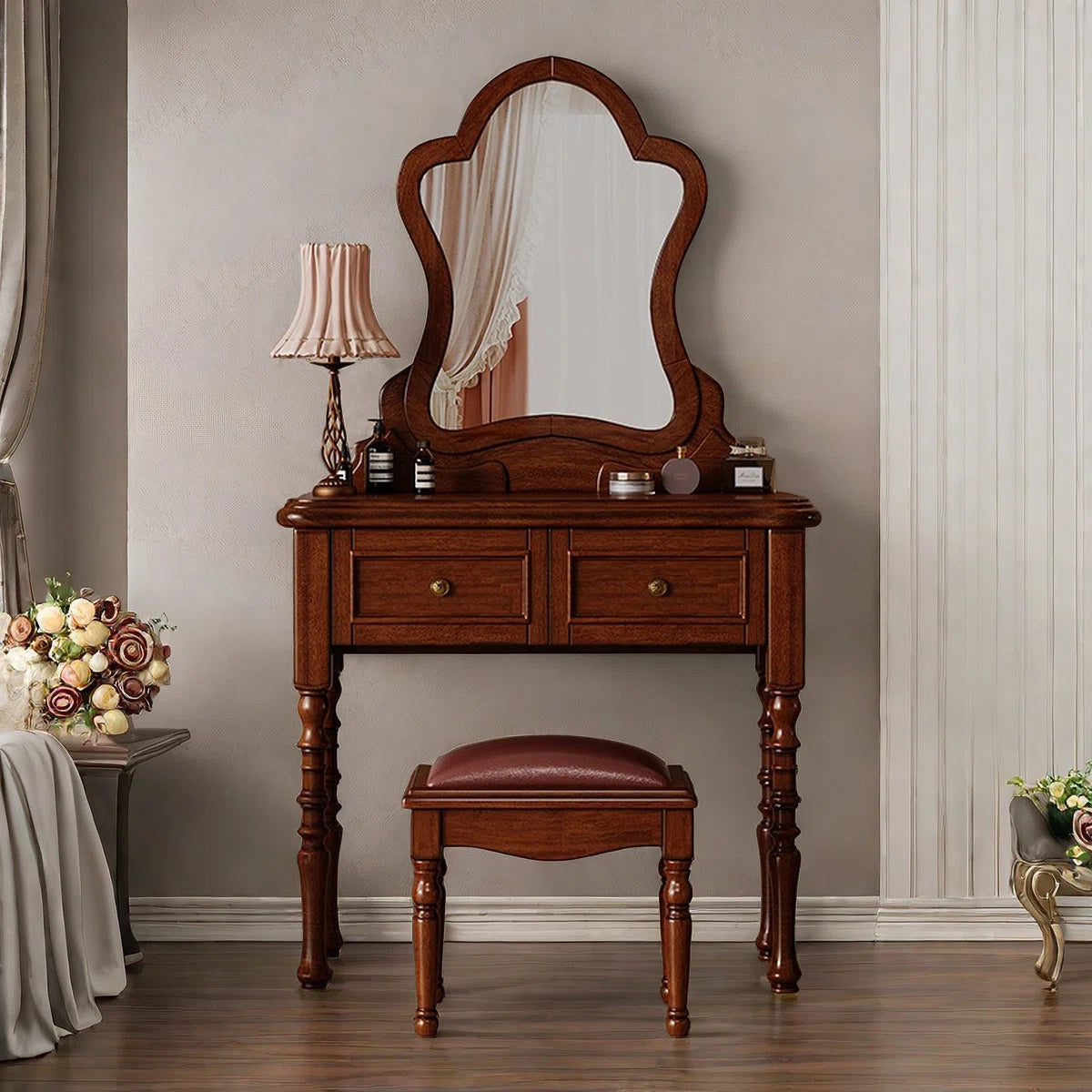 Vintage Mahogany Makeup Vanity Set with Petal Mirror & Stool