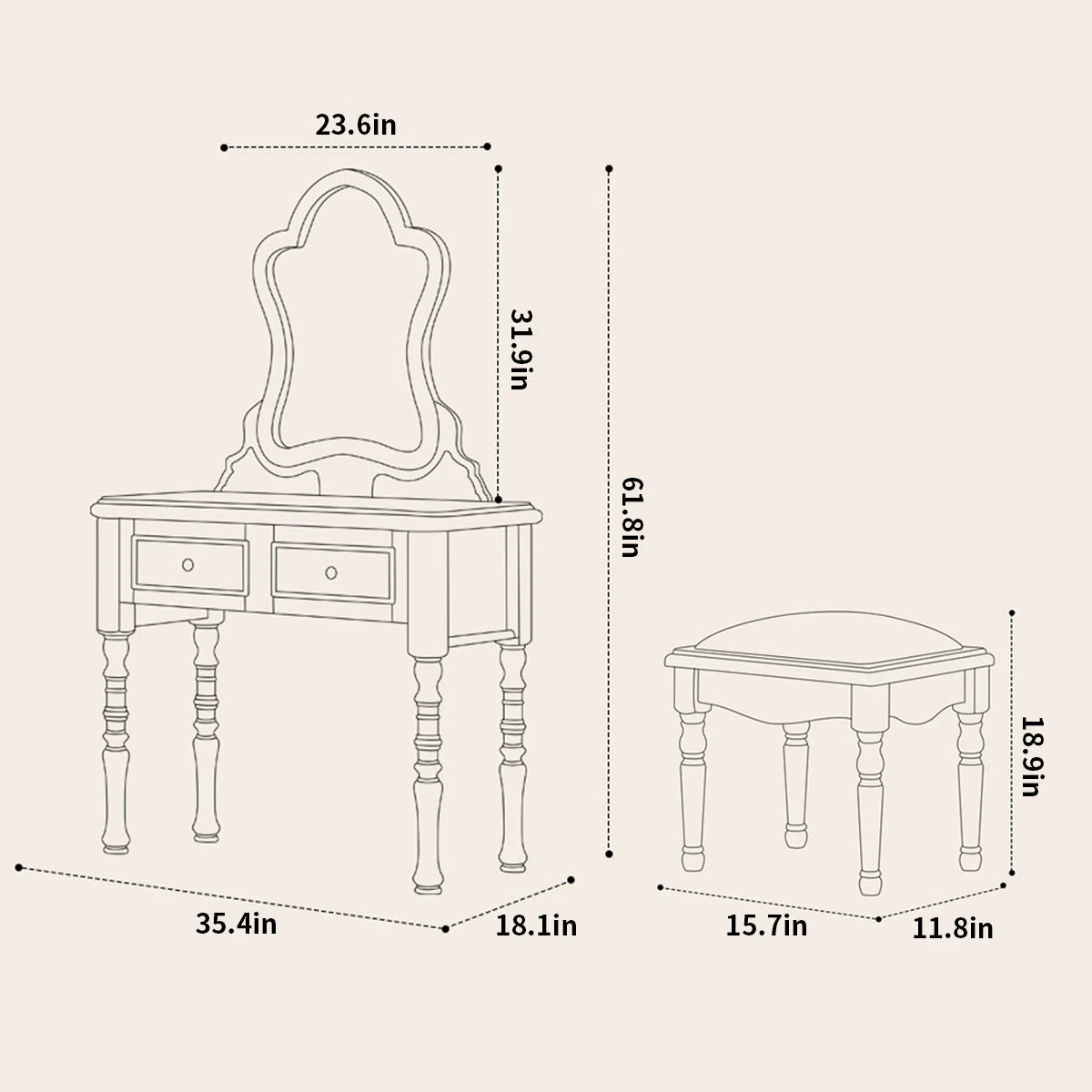 Vintage Mahogany Makeup Vanity Set with Petal Mirror & Stool