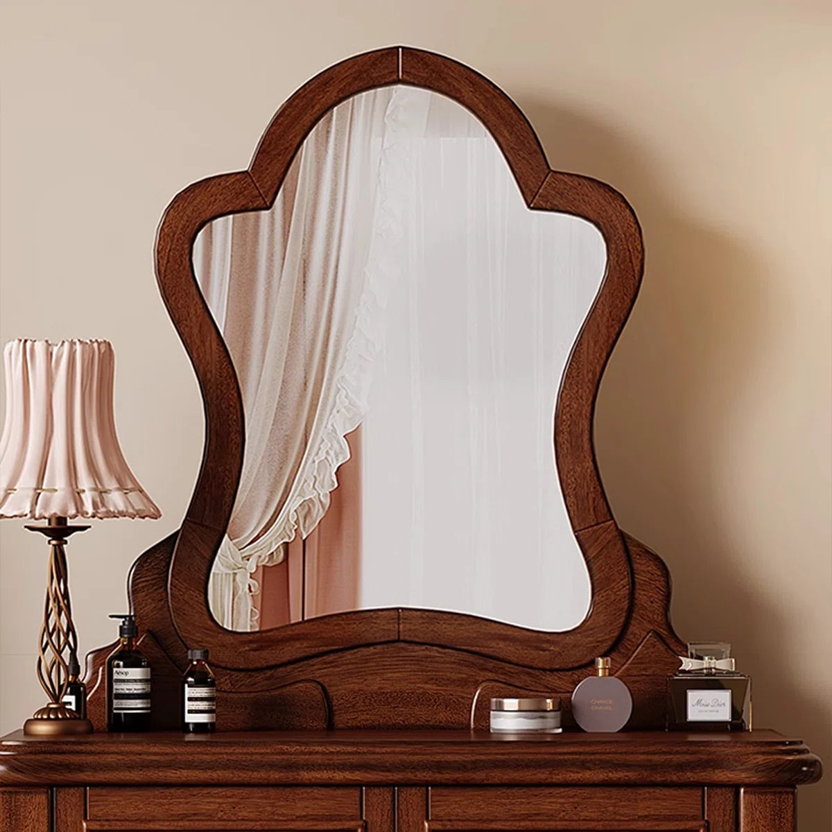 Vintage Mahogany Makeup Vanity Set with Petal Mirror & Stool
