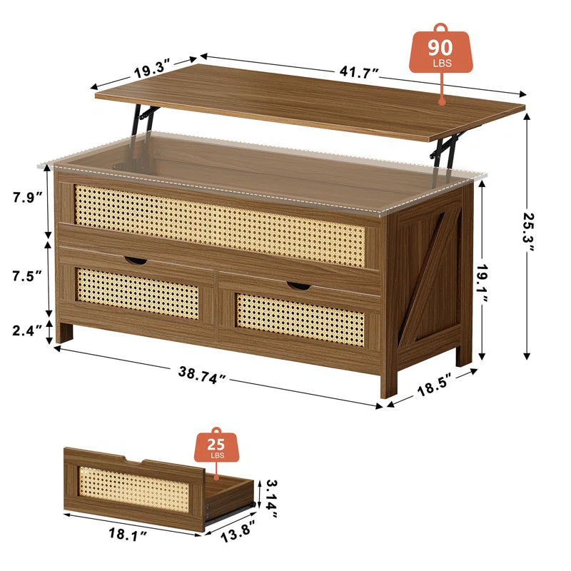 Wood Lift Top Coffee Table with 2 Drawers for living room