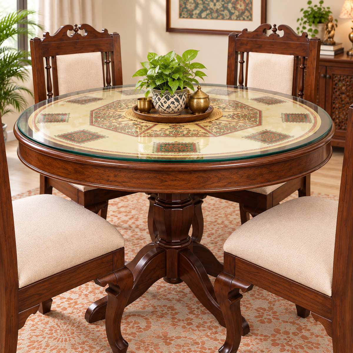 Traditional Wooden Dining Chair | Carved Solid Wood Chair with Upholstered Seat & Back for Dining Room