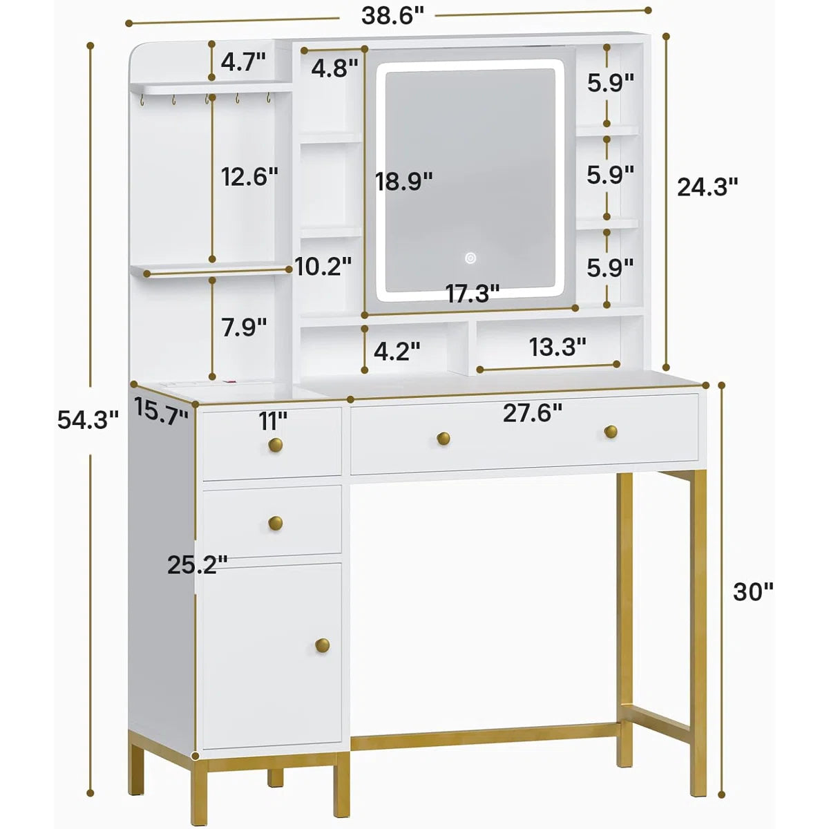 Lighted Makeup Vanity Desk with 4 Drawers and Cabinet for Bedroom, 15.7"D x 38.6"W x 54.3"H-OUCH CART | Dressing table