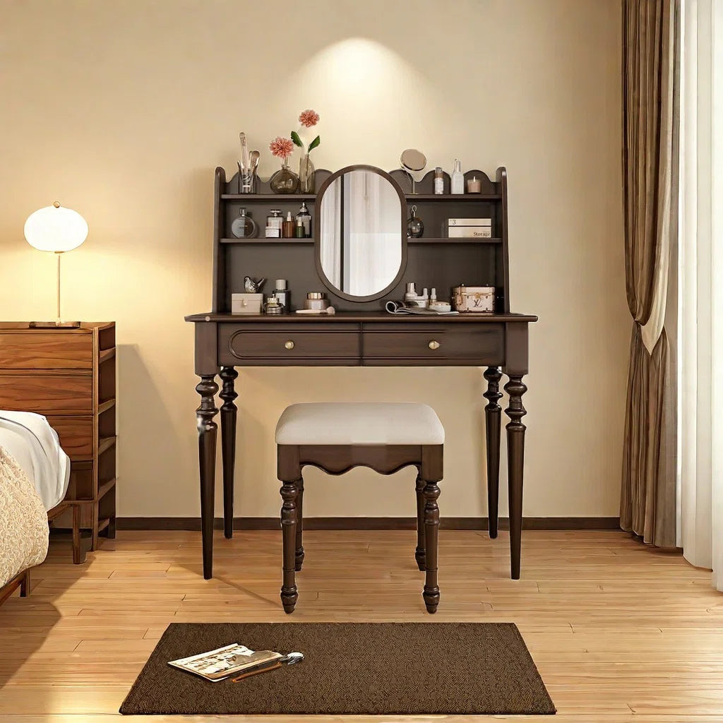 Solid Wood Dressing Table with Stool & Ample Storage – Dark Brown Finish