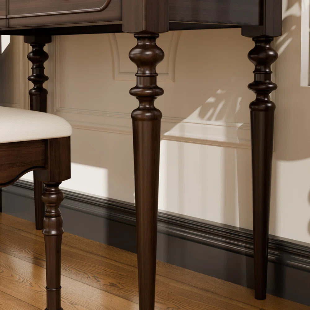 Title: Solid Wood Dressing Table with Stool & Ample Storage – Dark Brown Finish