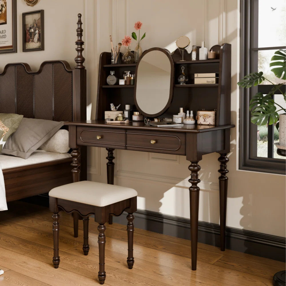 Title: Solid Wood Dressing Table with Stool & Ample Storage – Dark Brown Finish