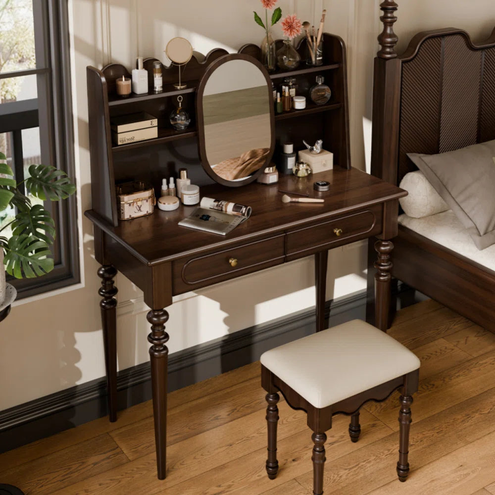 Solid Wood Dressing Table with Stool & Ample Storage – Dark Brown Finish