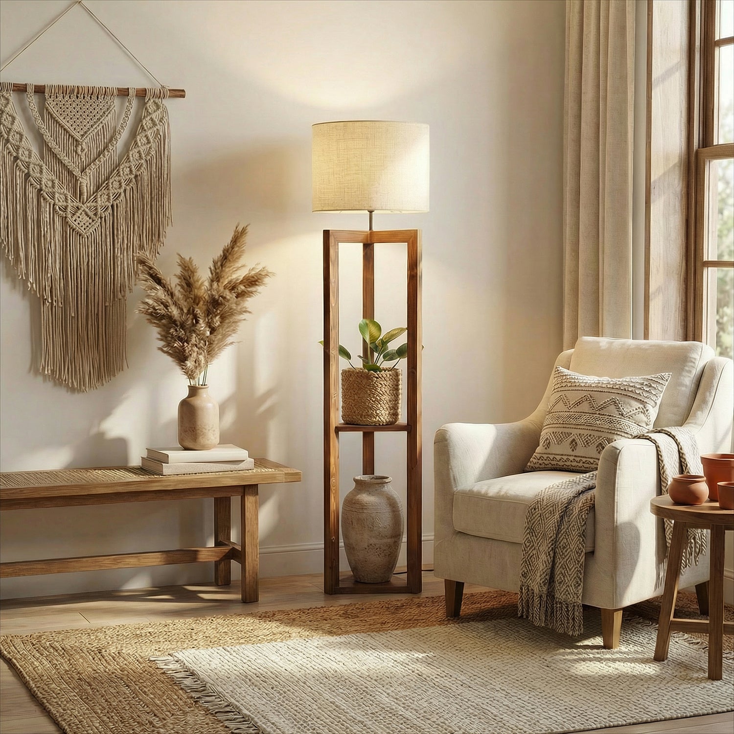 Triad Wooden Floor Lamp with Brown Base and Beige Fabric Lampshade (BULB NOT INCLUDED)