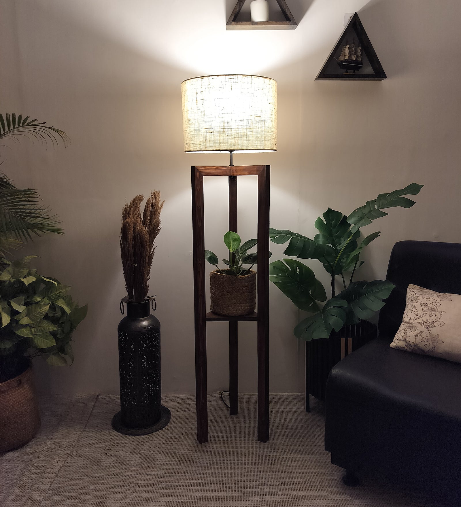 Triad Wooden Floor Lamp with Brown Base and Beige Fabric Lampshade (BULB NOT INCLUDED)