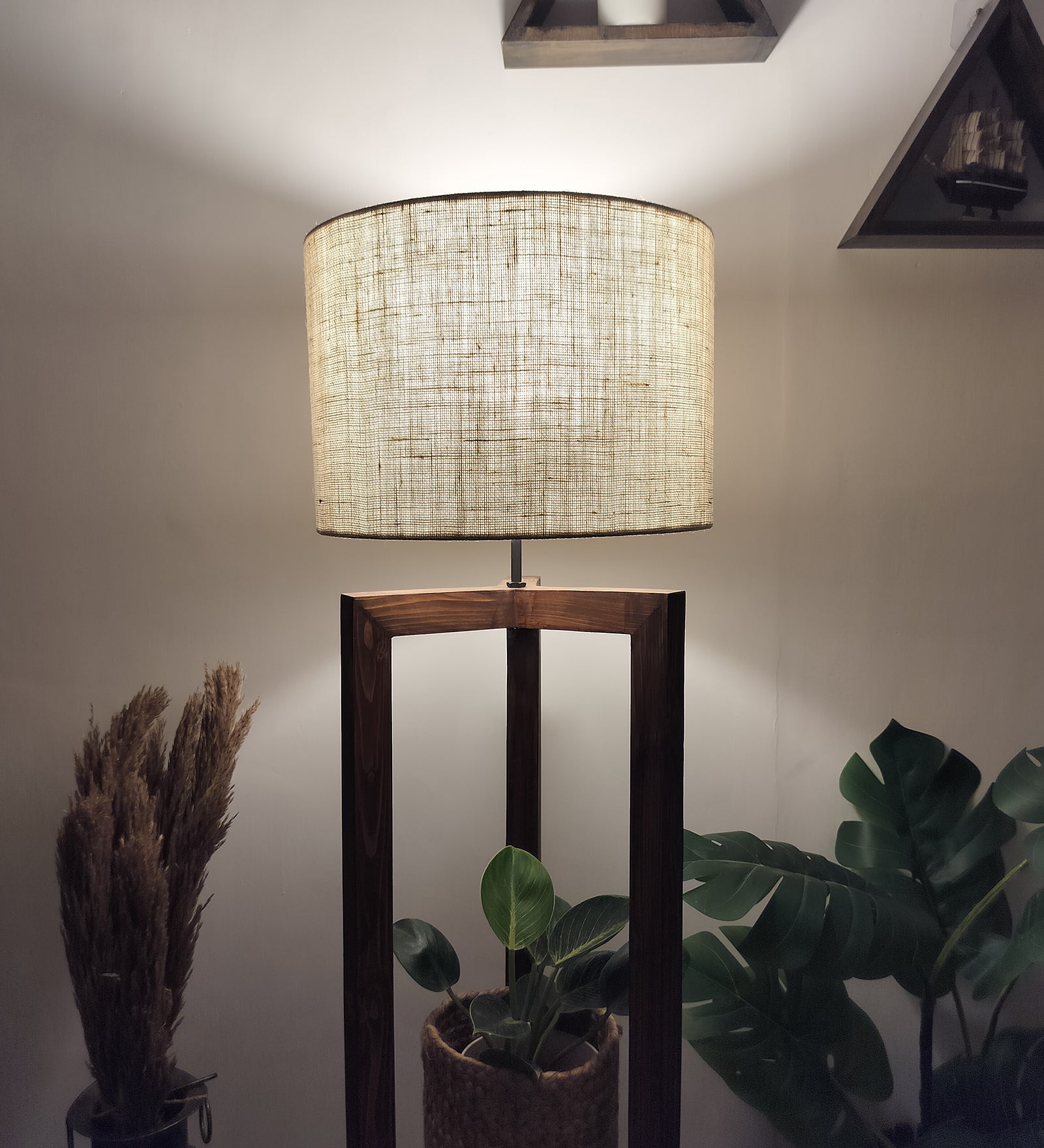 Triad Wooden Floor Lamp with Brown Base and Beige Fabric Lampshade (BULB NOT INCLUDED)