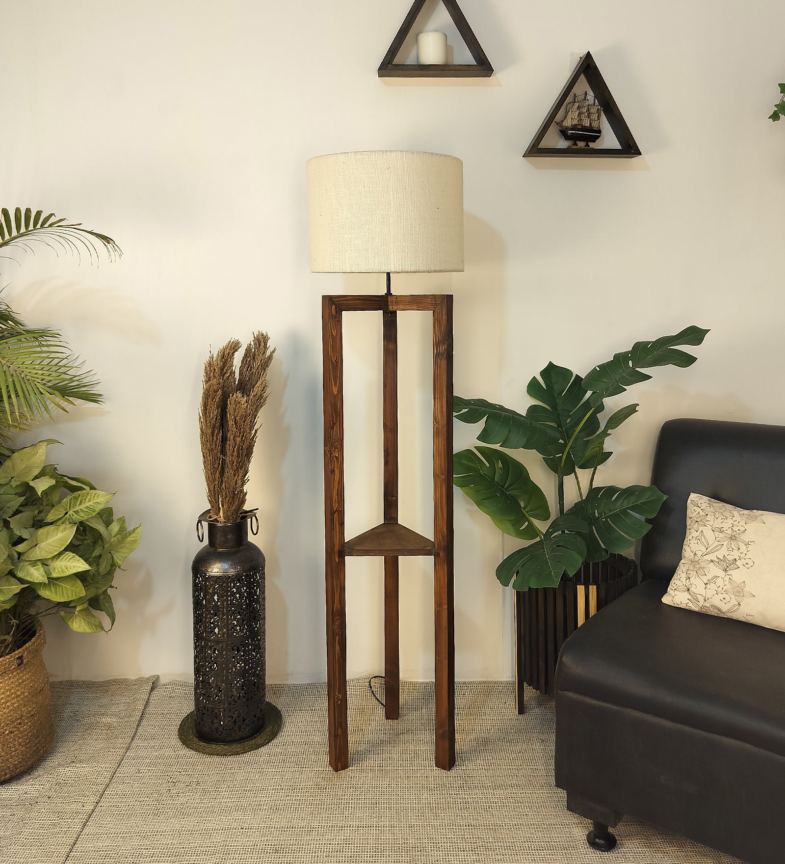 Triad Wooden Floor Lamp with Brown Base and Beige Fabric Lampshade (BULB NOT INCLUDED)