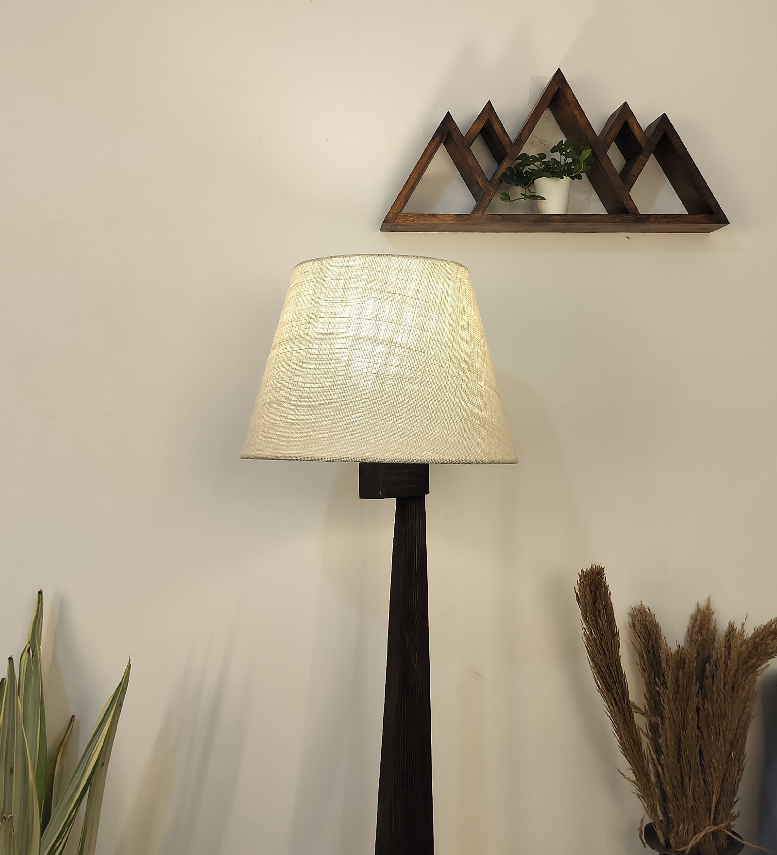 Trigo Wooden Floor Lamp with Brown Base and Yellow Printed Fabric Lampshade