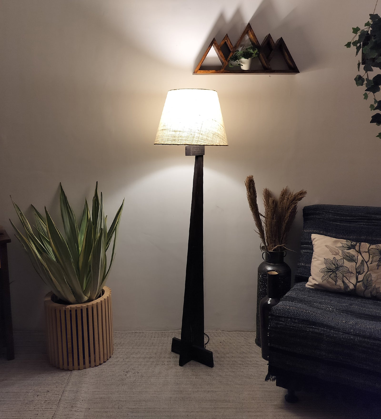 Trigo Wooden Floor Lamp with Brown Base and Yellow Printed Fabric Lampshade