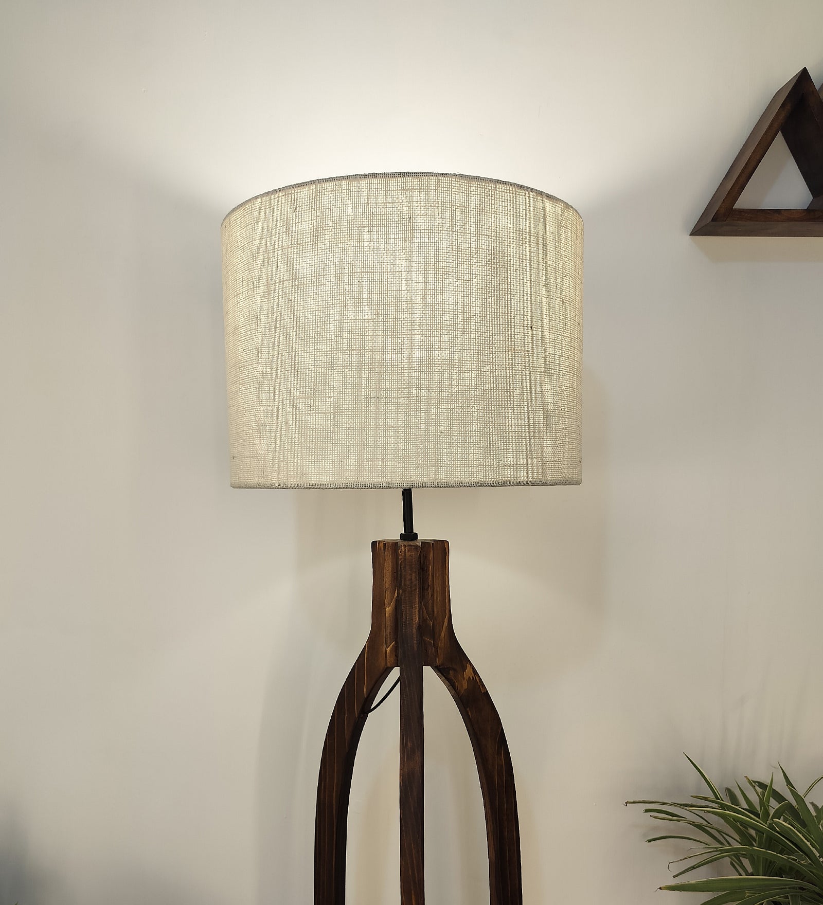 Trilogy Wooden Floor Lamp with Brown Base and Jute Fabric Lampshade