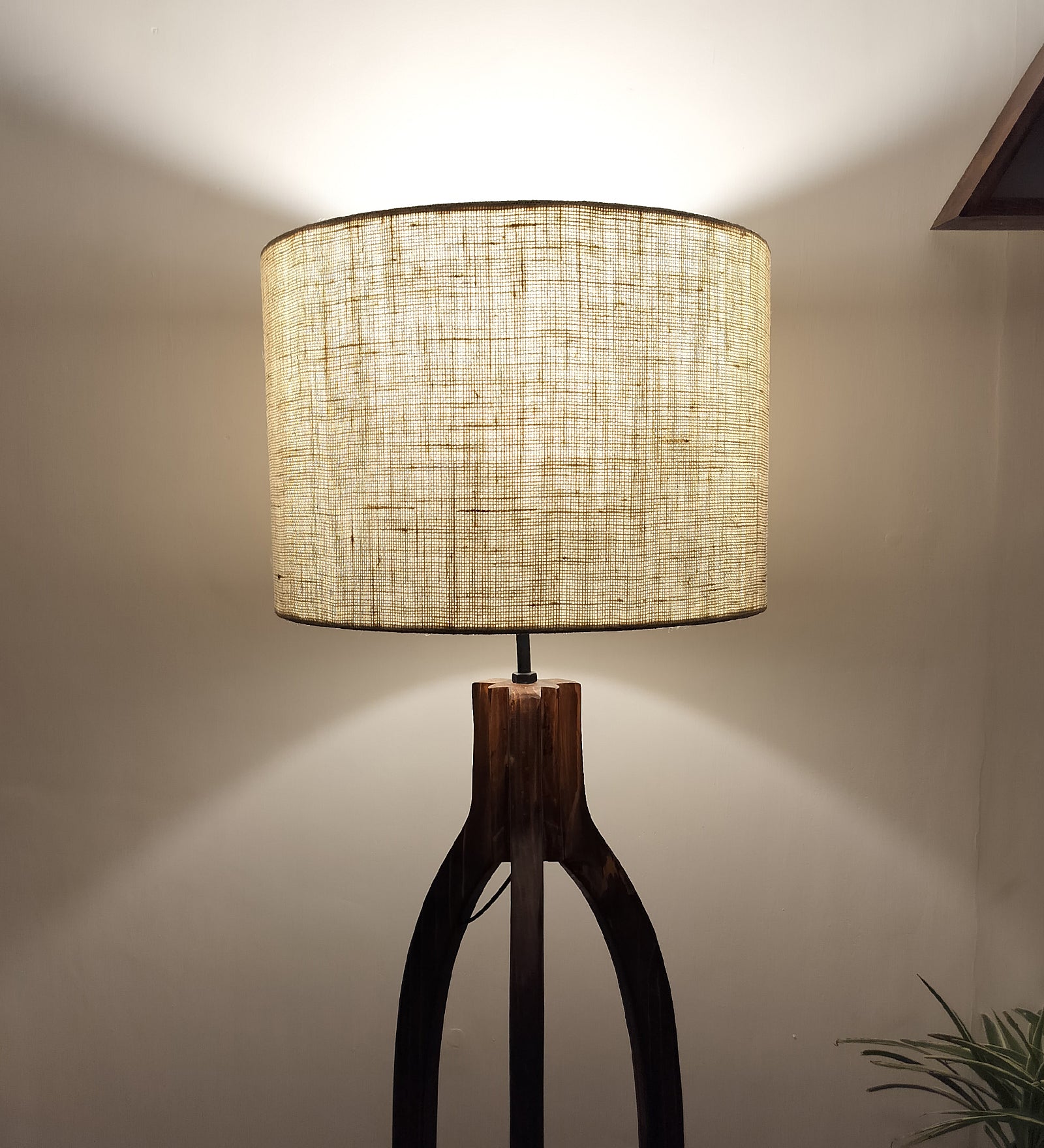 Trilogy Wooden Floor Lamp with Brown Base and Jute Fabric Lampshade