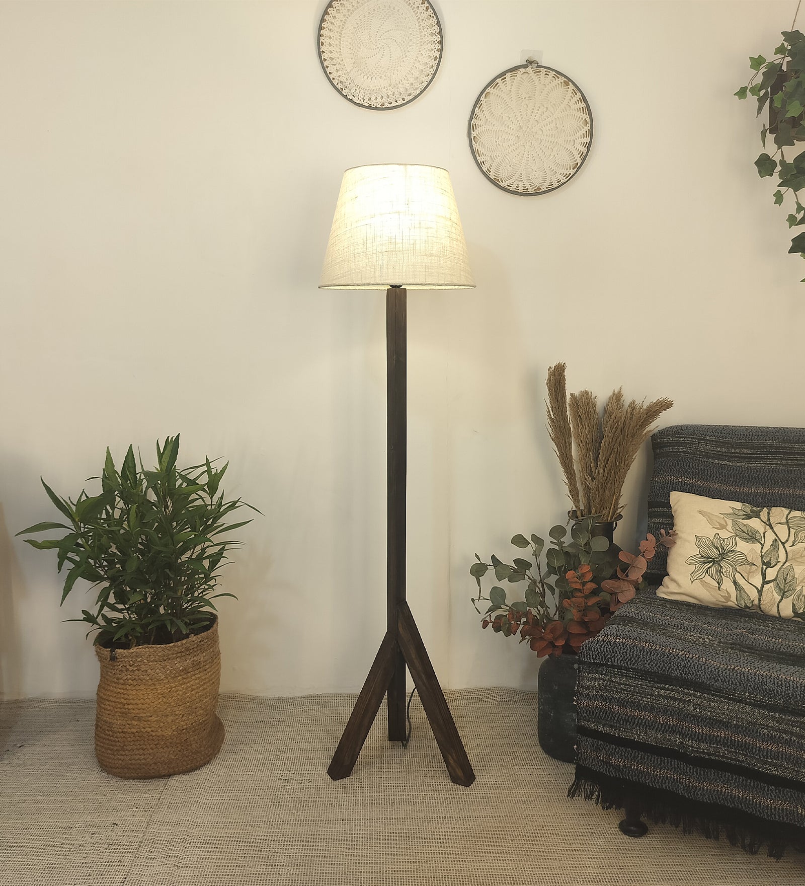 Trinca Wooden Floor Lamp with Brown Base and Jute Fabric Lampshade (BULB NOT INCLUDED)