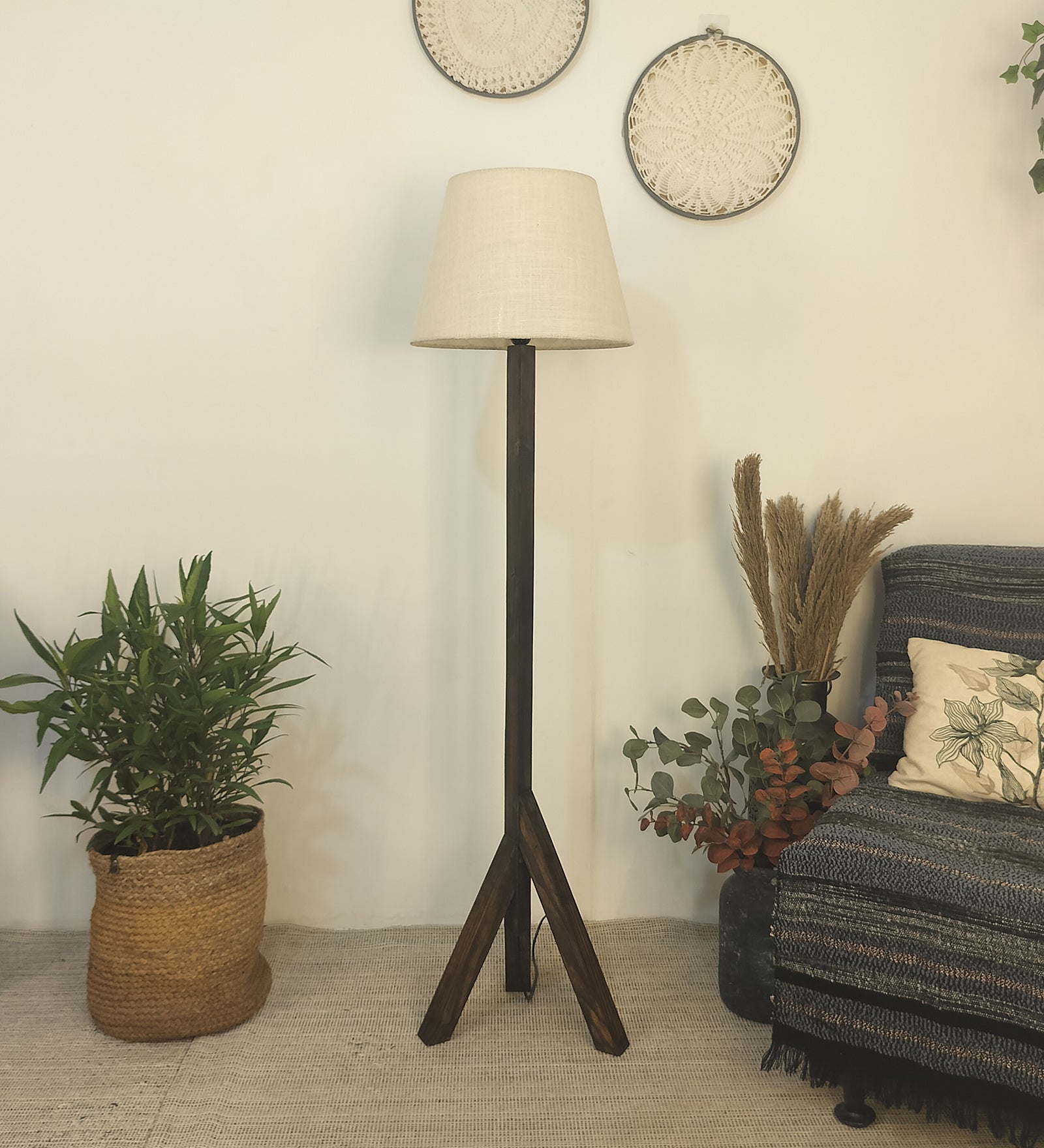 Trinca Wooden Floor Lamp with Brown Base and Jute Fabric Lampshade (BULB NOT INCLUDED)