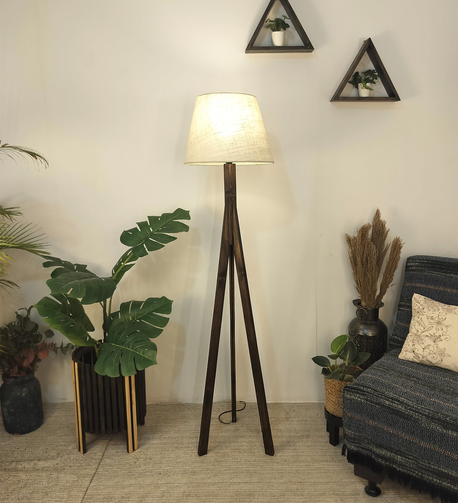 Triune Wooden Floor Lamp with Brown Base and Beige Fabric Lampshade (BULB NOT INCLUDED)