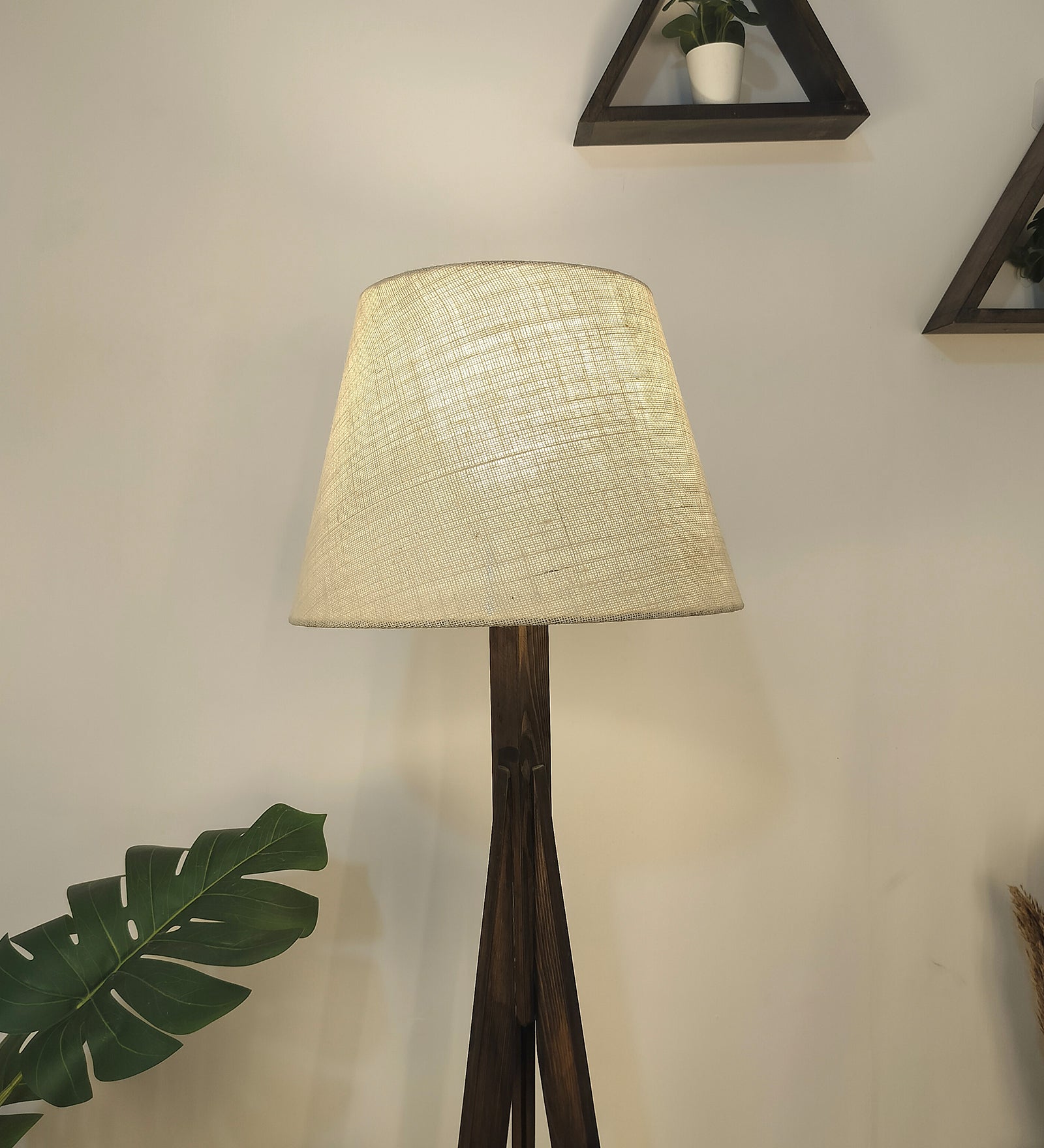 Triune Wooden Floor Lamp with Brown Base and Beige Fabric Lampshade (BULB NOT INCLUDED)