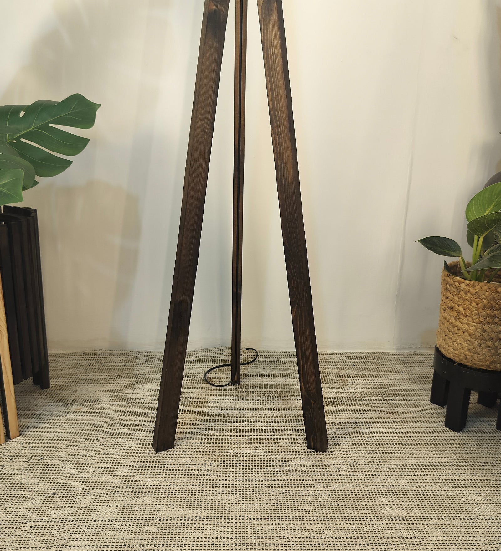 Triune Wooden Floor Lamp with Brown Base and Beige Fabric Lampshade (BULB NOT INCLUDED)