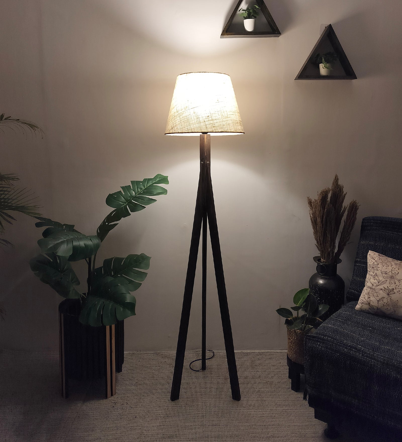 Triune Wooden Floor Lamp with Brown Base and Beige Fabric Lampshade (BULB NOT INCLUDED)