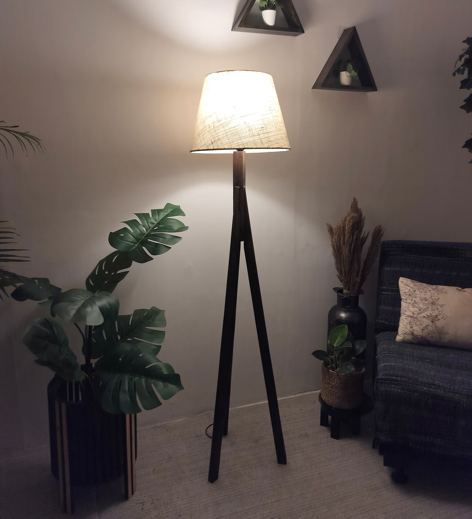 Triune Wooden Floor Lamp with Brown Base and Beige Fabric Lampshade (BULB NOT INCLUDED)