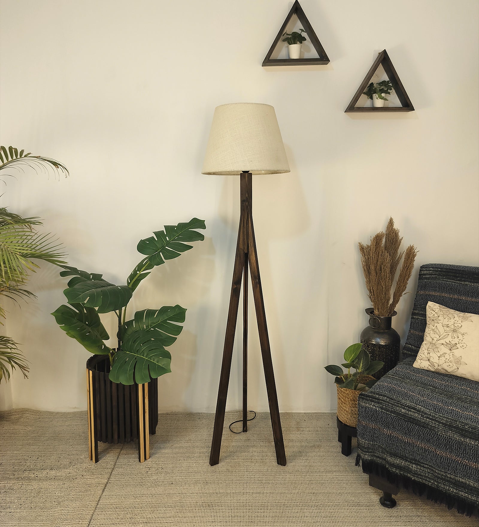 Triune Wooden Floor Lamp with Brown Base and Beige Fabric Lampshade (BULB NOT INCLUDED)