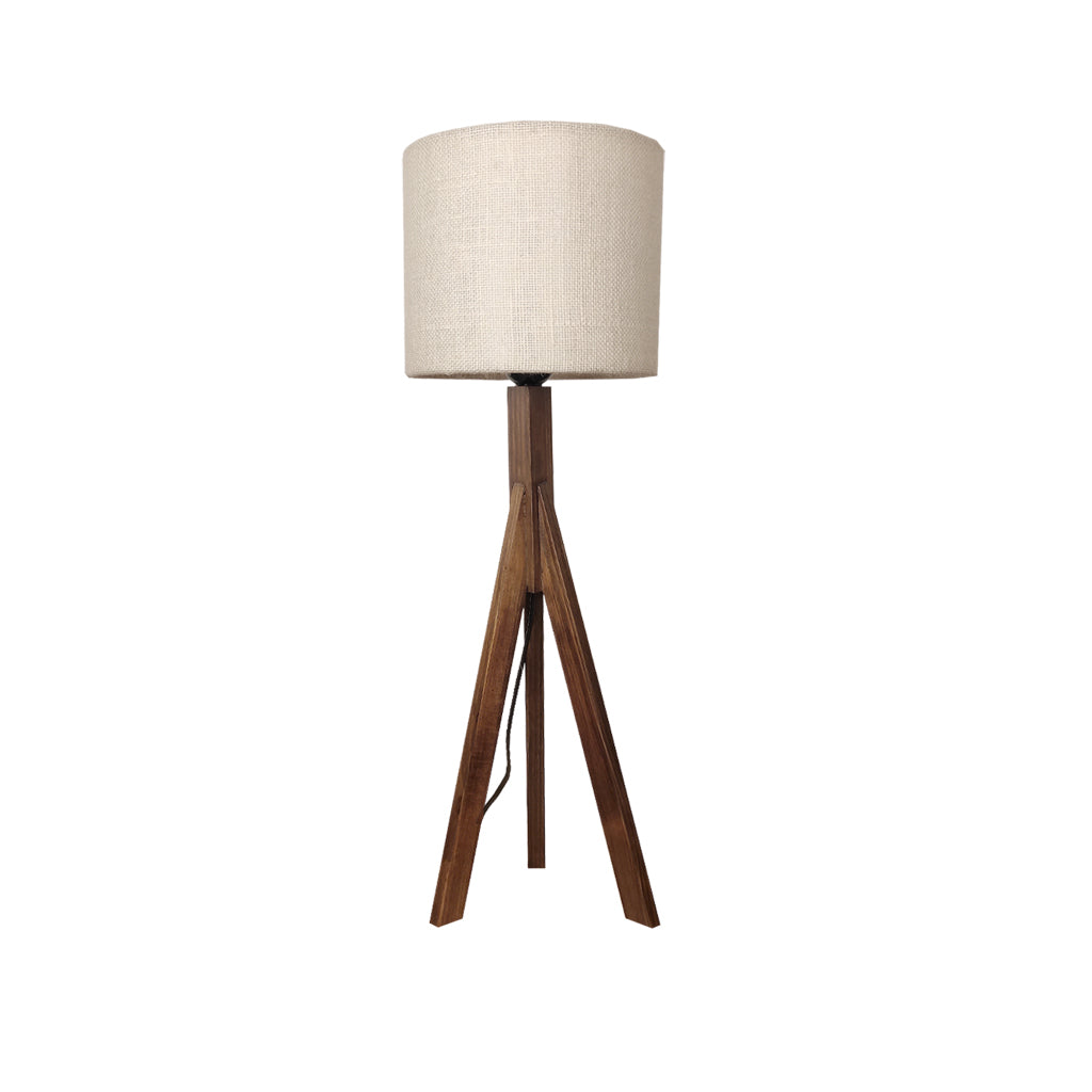 Triune Brown Wooden Table Lamp with White Printed Lampshade (BULB NOT INCLUDED)