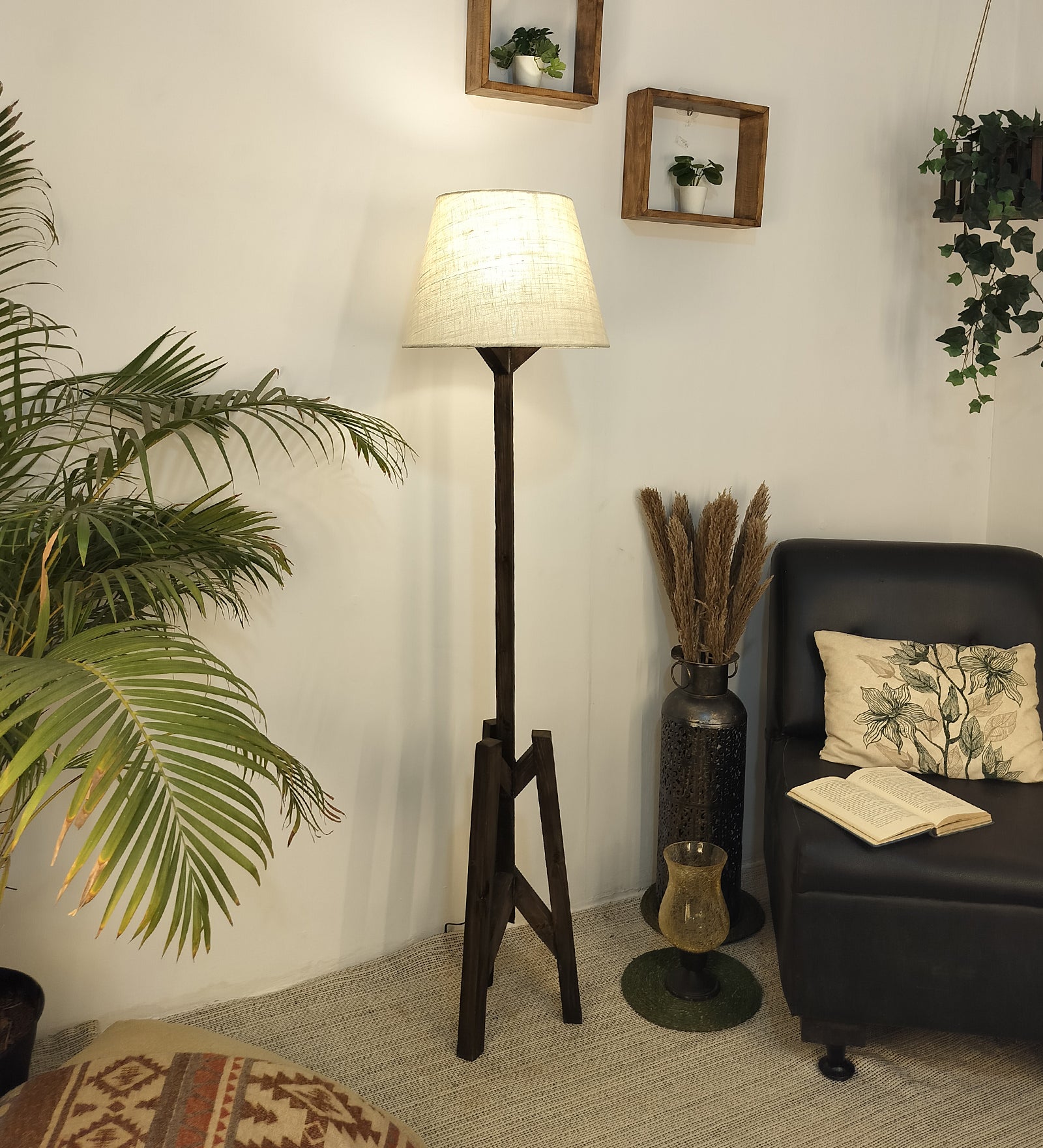 Troika Wooden Floor Lamp with Brown Base and Premium Beige Fabric Lampshade (BULB NOT INCLUDED)