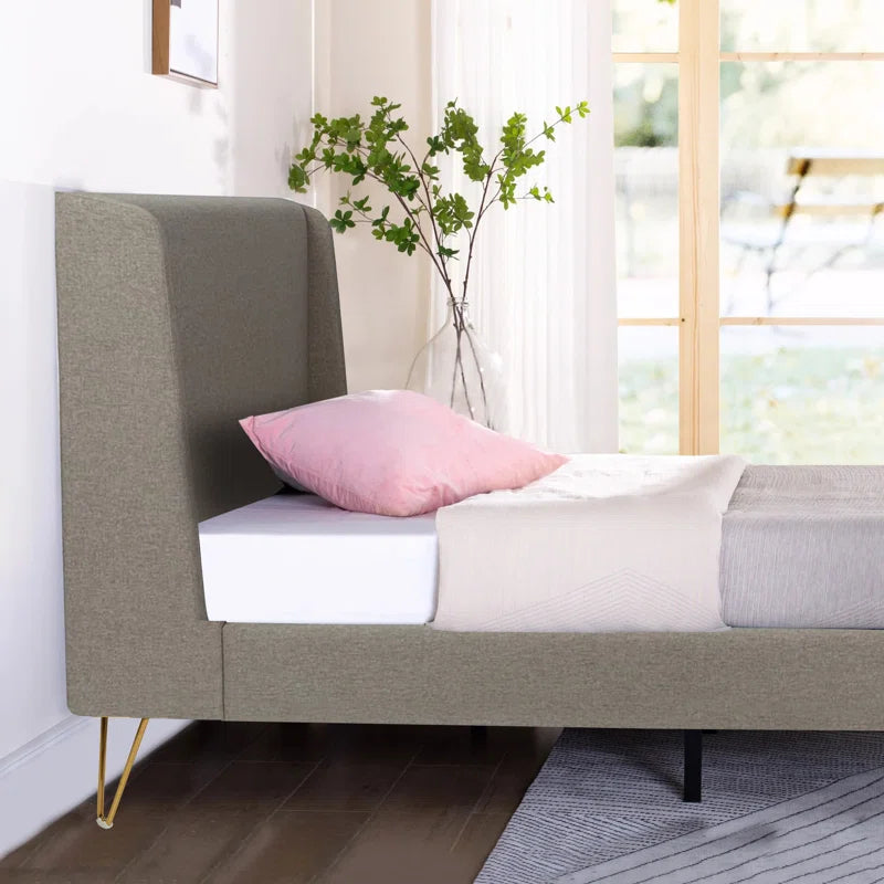 Upholstered Bed Frame With Angled Brass Legs, Easy To Assemble, Fabrics Headboard, Stylish, Comfy