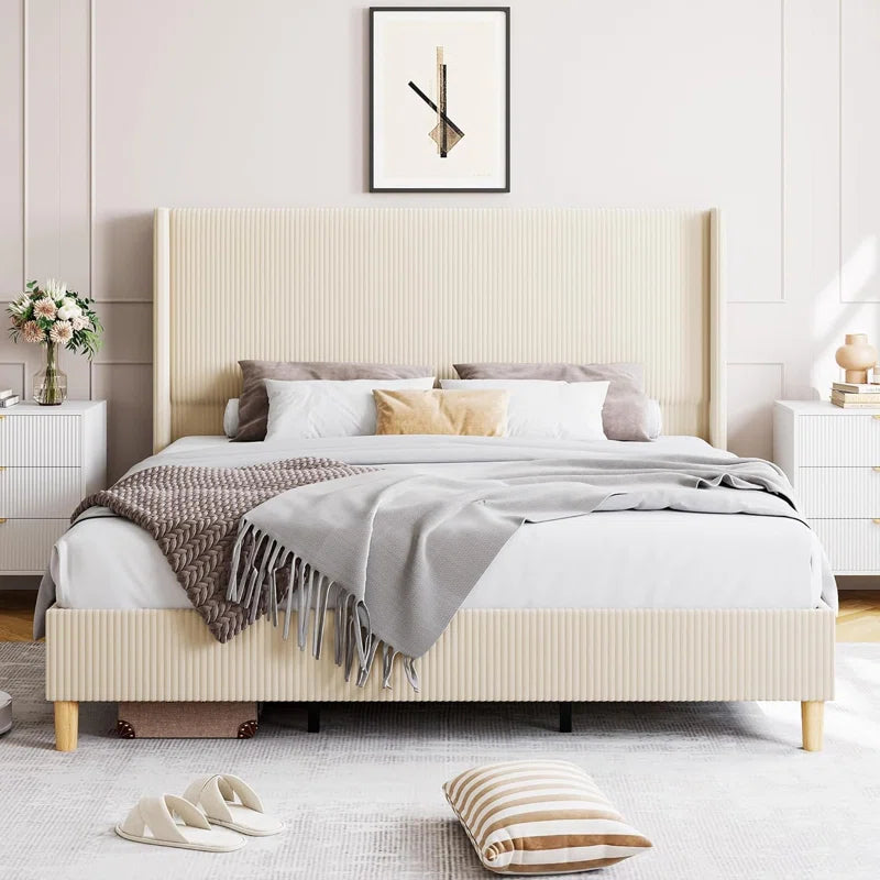 Upholstered Corduroy Bed Frame, Bed Frame with Wingback Headboard